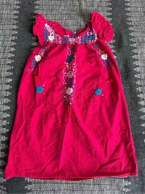 Girls' Pink Embroidered Flutter-Sleeve Dress